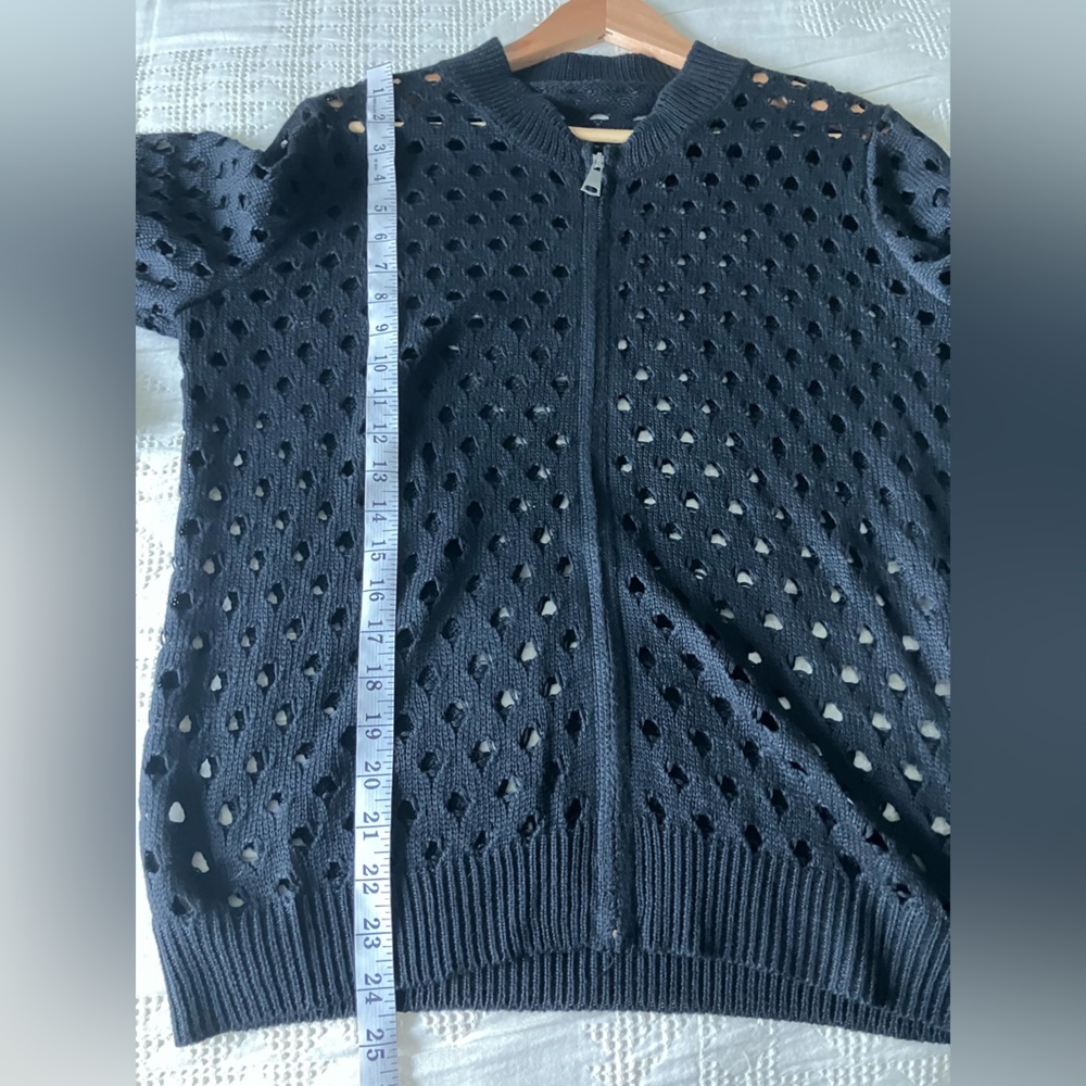 UNBRANDED Black Open Knit Zipper Front Crewneck Sweater Size XS (Like a S-M) - Picture 9 of 10